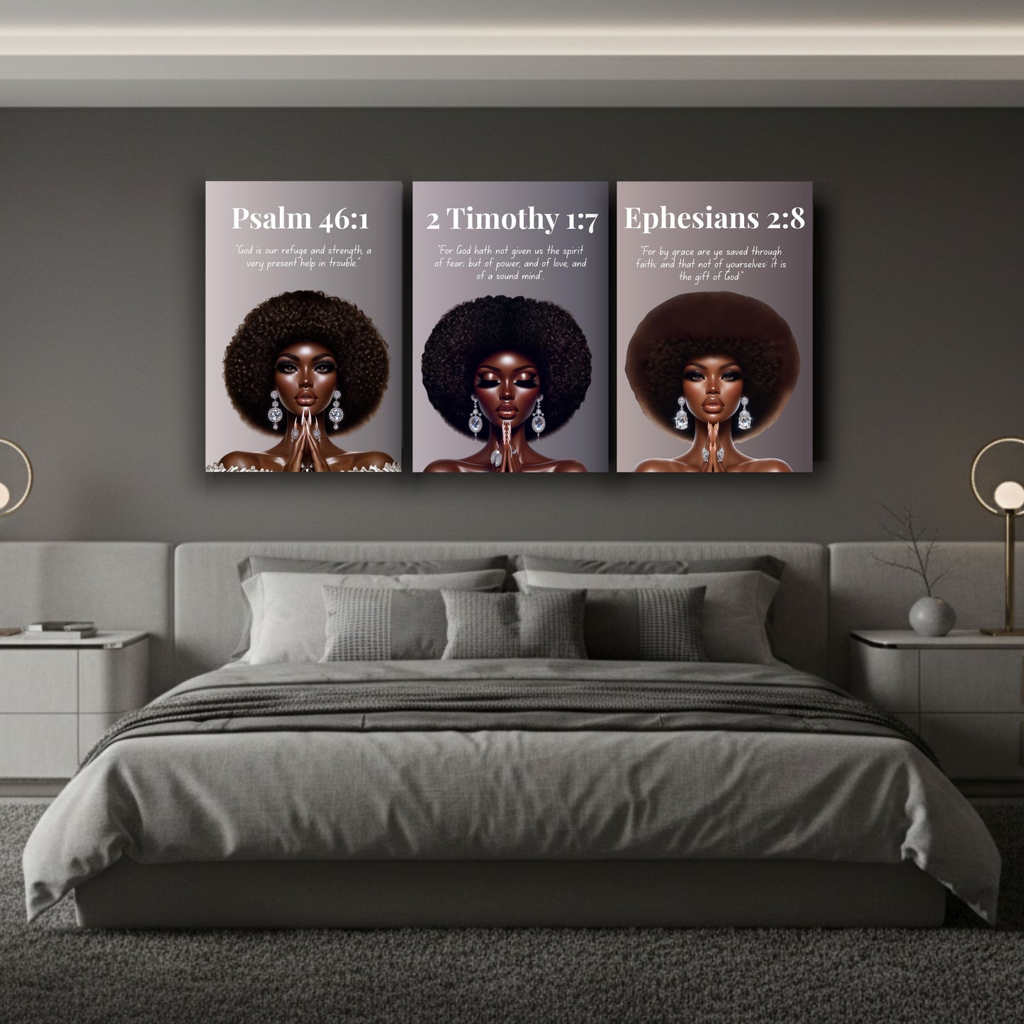 Strength Through Grace Collection - 2 Timothy 1:7 -  Afro Queen Bible Verse Canvas, Christian Wall Art