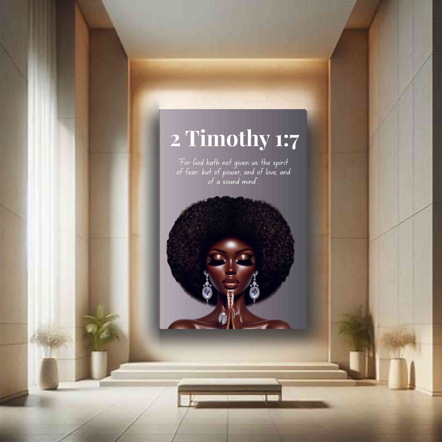 Strength Through Grace Collection - 2 Timothy 1:7 -  Afro Queen Bible Verse Canvas, Christian Wall Art