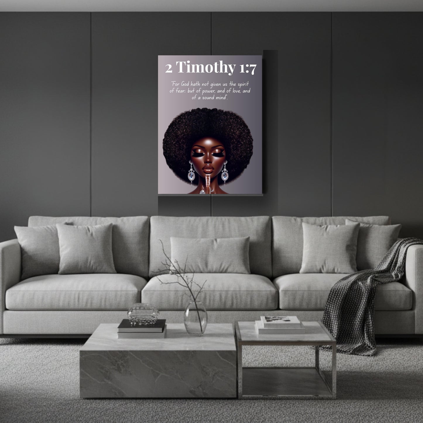 Strength Through Grace Collection - 2 Timothy 1:7 -  Afro Queen Bible Verse Canvas, Christian Wall Art