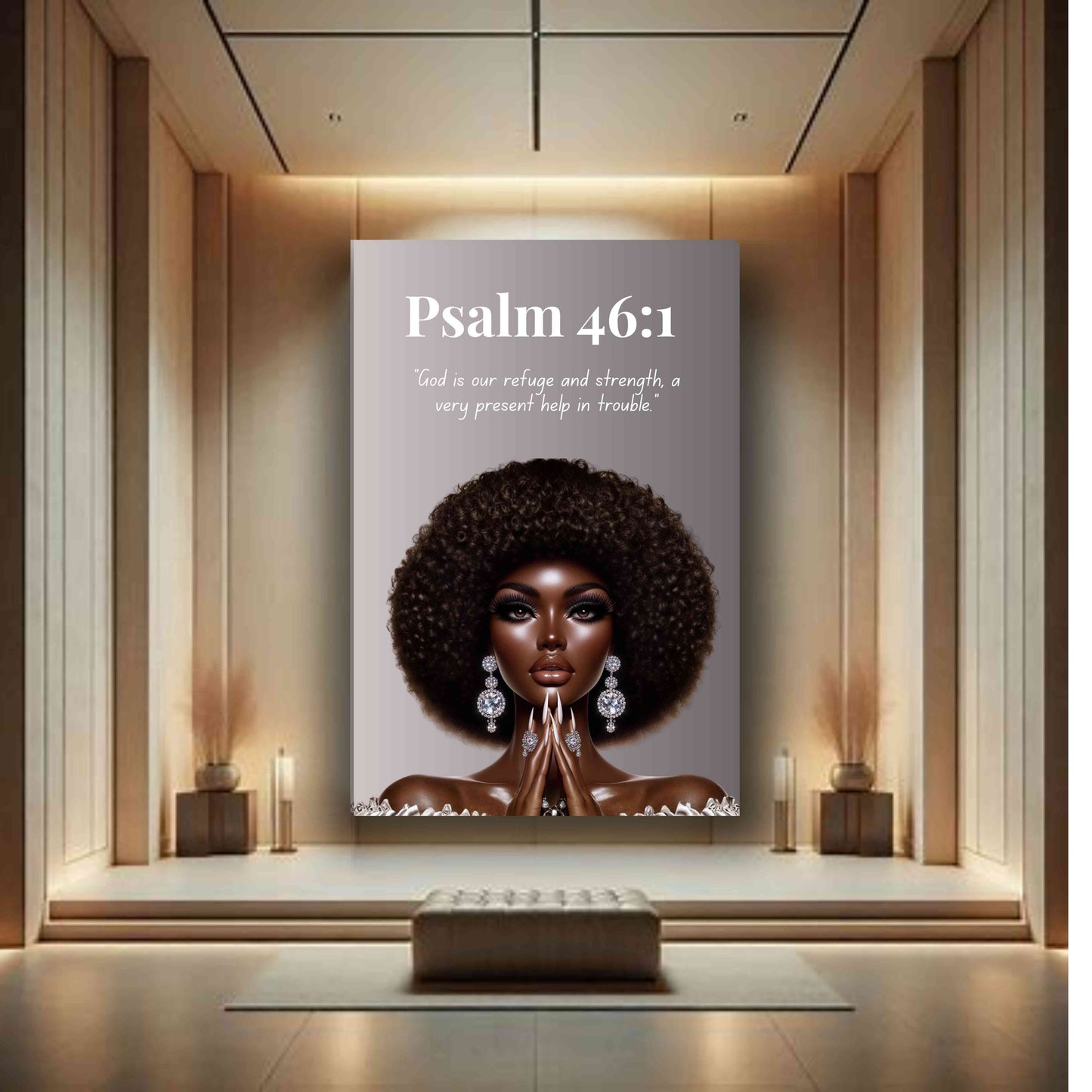 Strength Through Grace Collection - Psalm 46:1 - Black Woman Prayer Scripture Canvas Wall Art