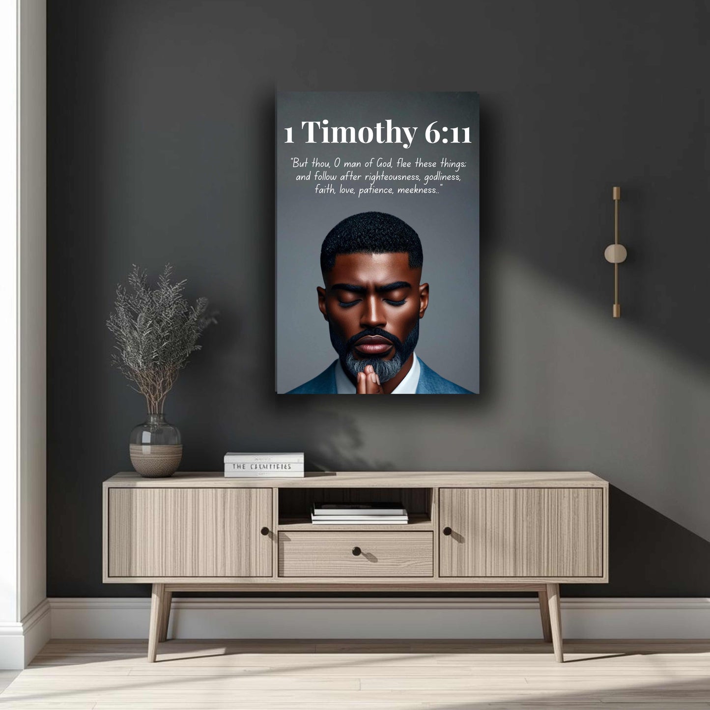 Men of Faith Collection – 1 Timothy 6:11 - Bible Verse Canvas, Motivational Scripture Art