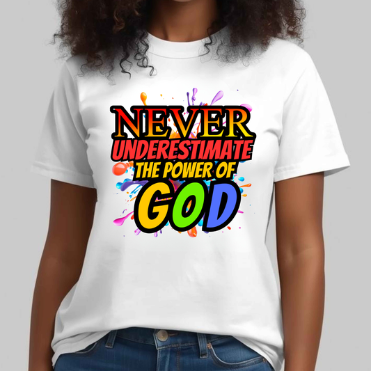 "Never Underestimate the Power of God" Christian Women’s Cotton T-Shirt, Inspirational Gift
