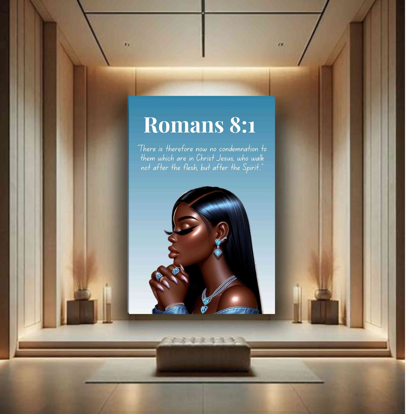 Prayer Warriors Collection – Romans 8:1 - Black Woman Scripture Canvas, Inspirational Wall Art