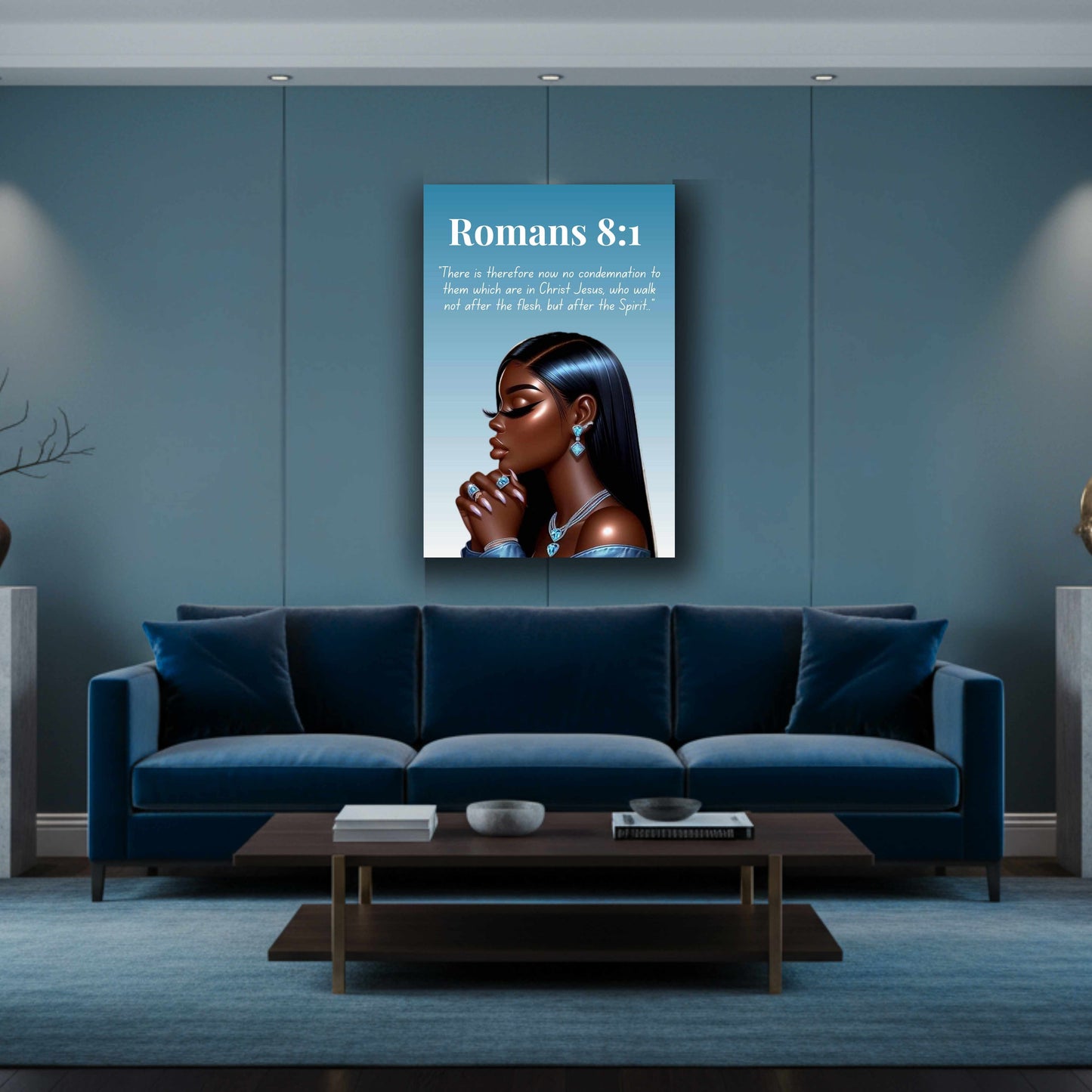 Prayer Warriors Collection – Romans 8:1 - Black Woman Scripture Canvas, Inspirational Wall Art