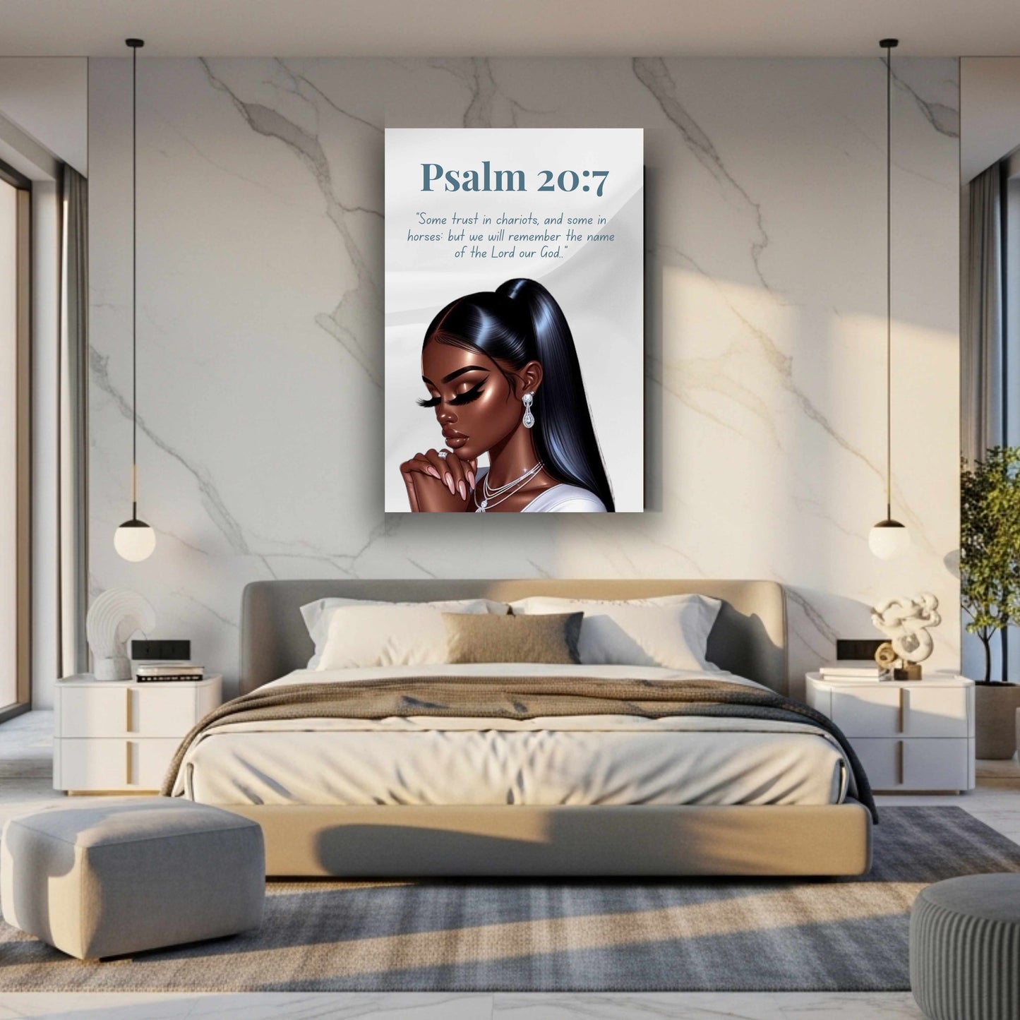 Prayer Warriors Collection – Psalm 20:7 - Black Prayerful Woman Christian Wall Art