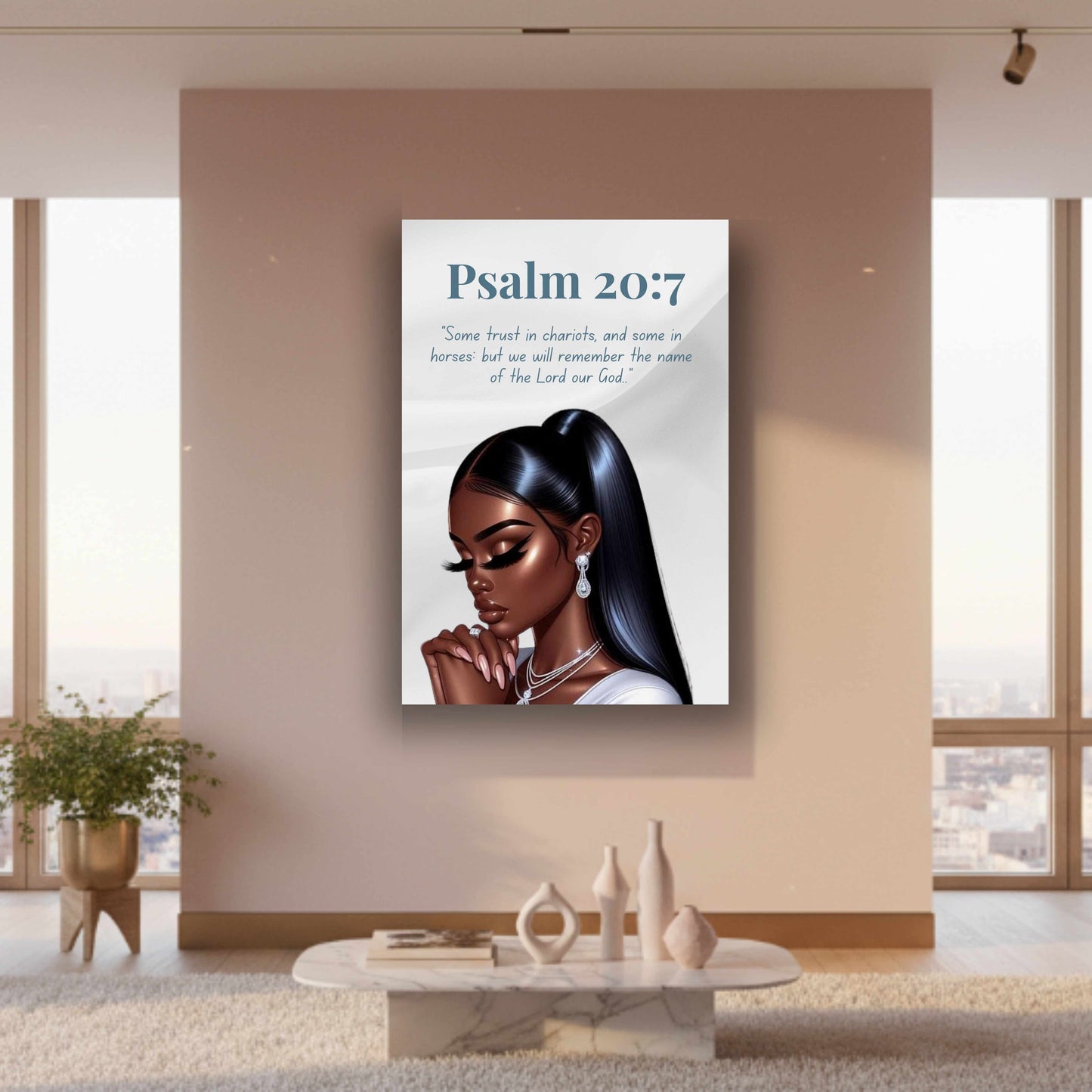 Prayer Warriors Collection – Psalm 20:7 - Black Prayerful Woman Christian Wall Art